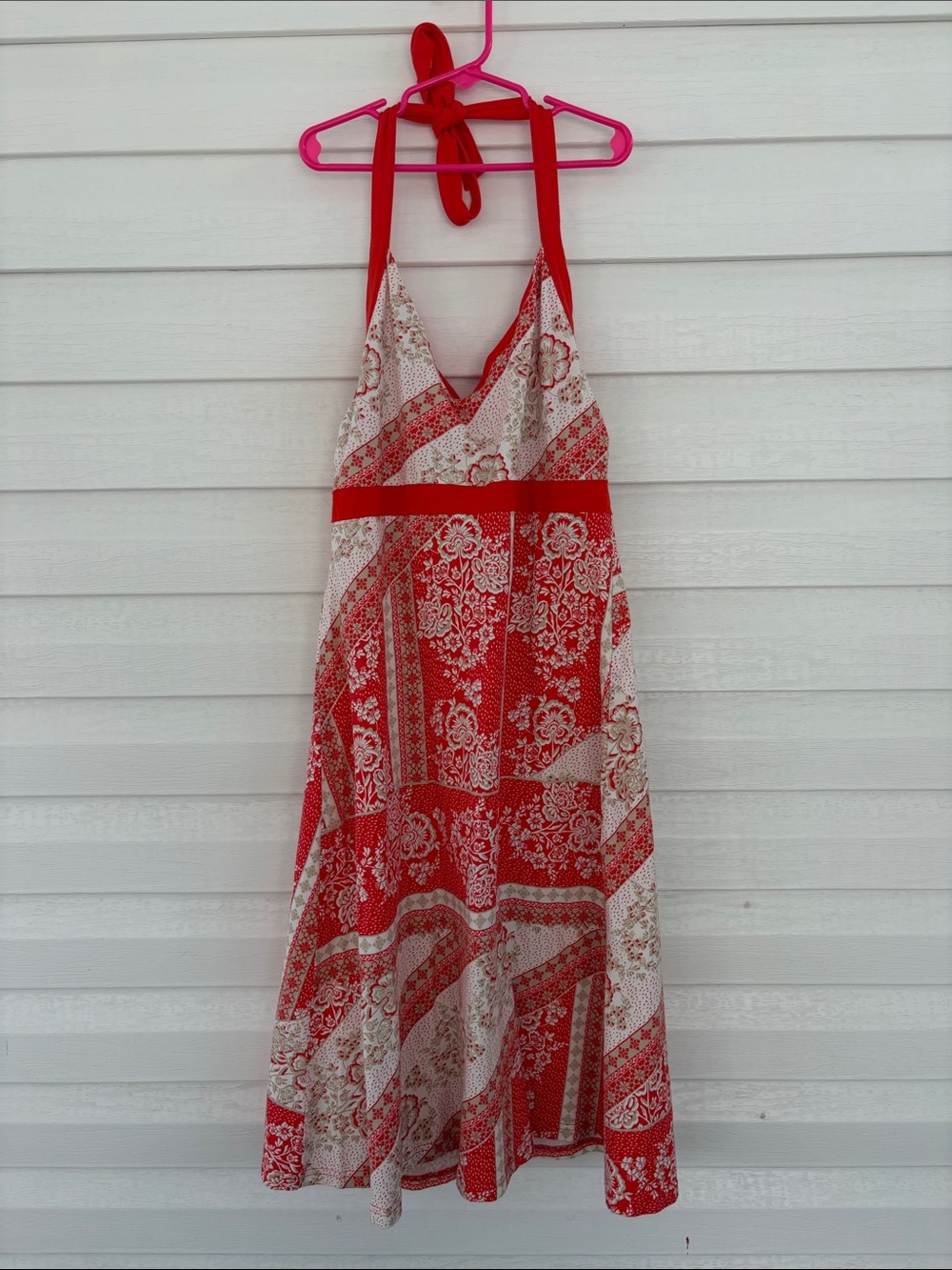 Patagonia M Red Floral Halter Dress Organic Cotton Boho Summer Midi